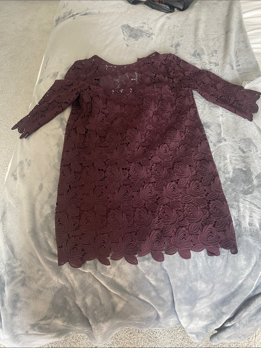 LOFT Burgundy Lace Long-Sleeve Shift Dress